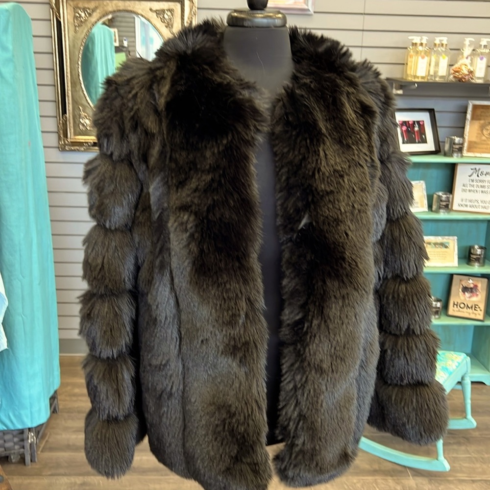 NWT Black Fox Faux Fur coat